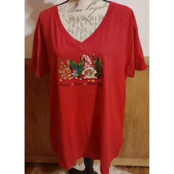 Cute Women's Christmas Handmade Red T-Shirt Sz 3XL "Peace Love Christmas" - Picture 1 of 6